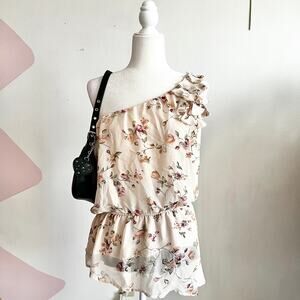 Floral One Shoulder Ruffle Chiffon Top, Cottagecore, Soft Girl, Coquette, Y2K, M